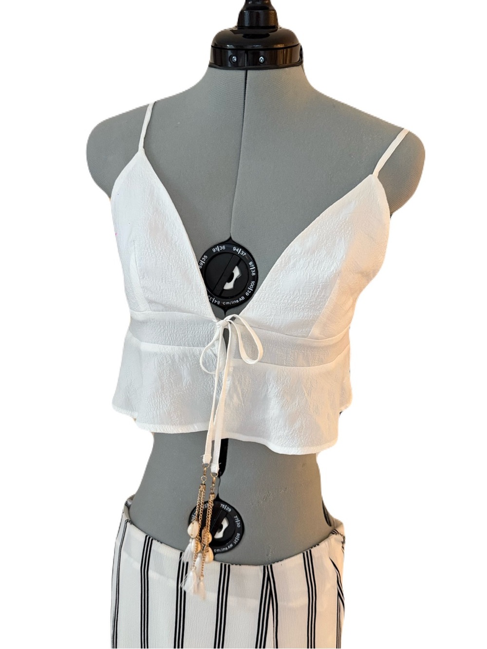 White Shell Tassel Crop Cami Top S Coastal Y2K